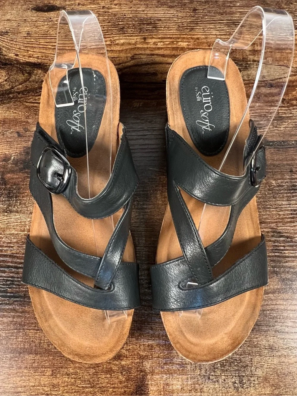 EuroSoft Sandals Emrie Cork Wedge Black Faux Leather Thong Toe Casual Women's 9 - Picture 3 of 11